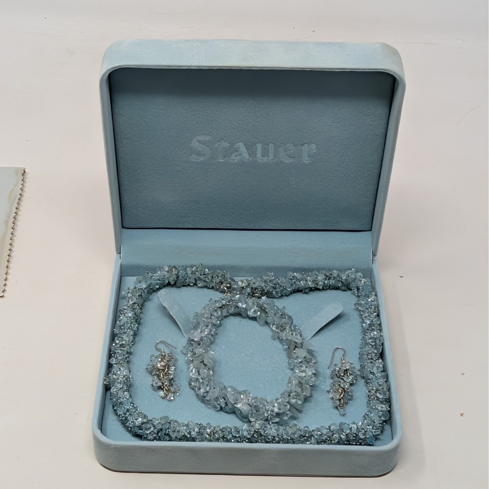 Stauer Blue Aquamarine Chip Jewelry Set Necklace Bracelet Earrings with Box